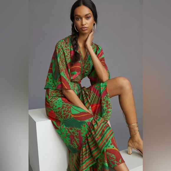 Farm Rio x Anthropologie green tropical floral maxi wrap dress - XS - Picture 3 of 4